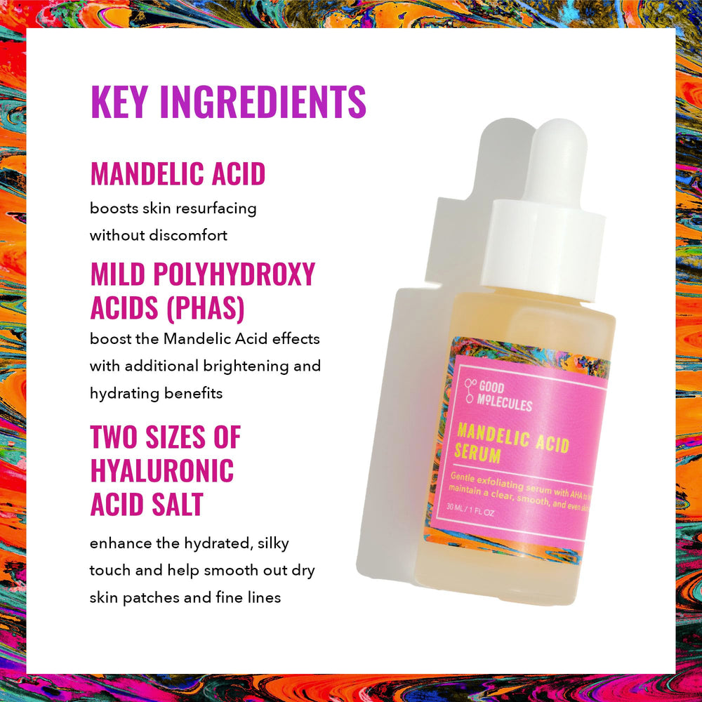 Good Molecules Sérum acide mandélique - étiquette lumineuse et ingrédients doux