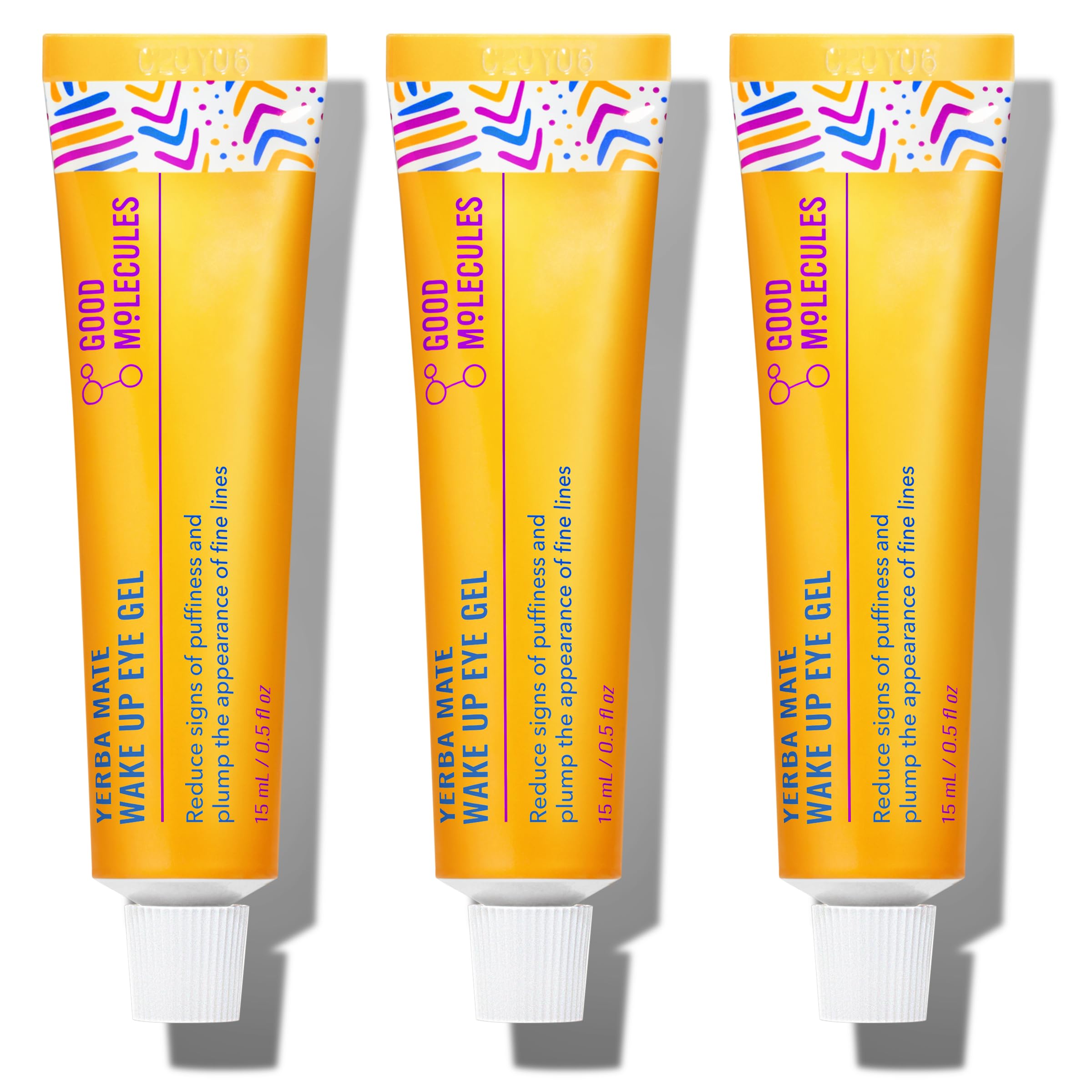Good Molecules Yerba Mate Wake Up Eye Gel bottle close-up shows refreshing caffeine impact