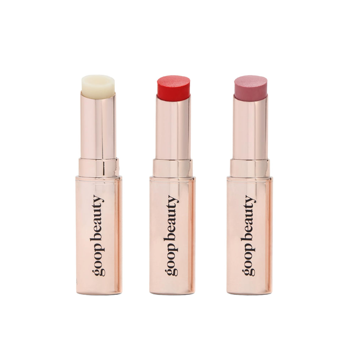 goop Beauté Baume Lèvres Trio clair présenté dans une boîte chic, hydratation durable.