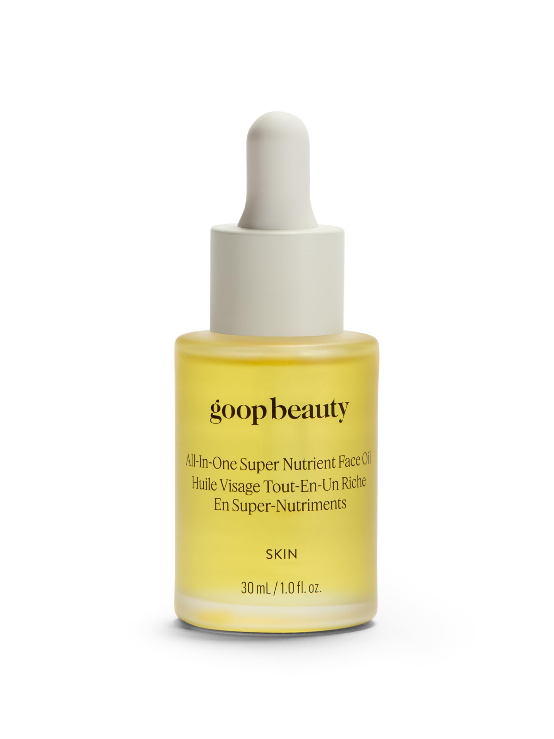 Huile goop Nutrient Face Oil dans flacon ambré, hydratation légère et raffinée.