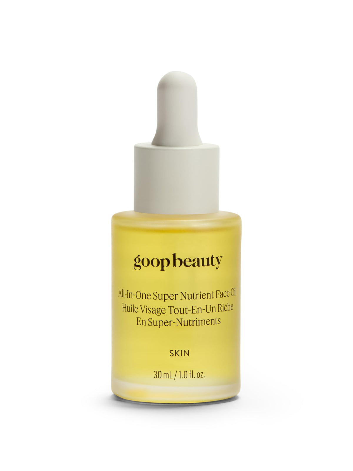 Huile goop Nutrient Face Oil dans flacon ambré, hydratation légère et raffinée.
