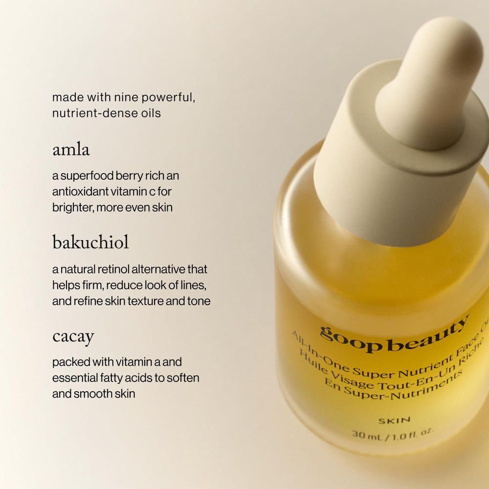 Texture soyeuse goop Nutrient Face Oil sur peau, sensation douce et confortable.
