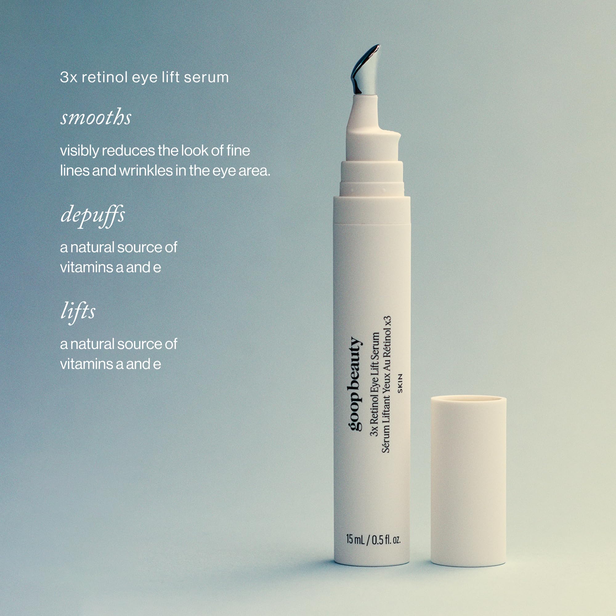 Goop Beauty 3x Retinol Eye Lift Serum, applicateur métallique frais, application précise autour des yeux.