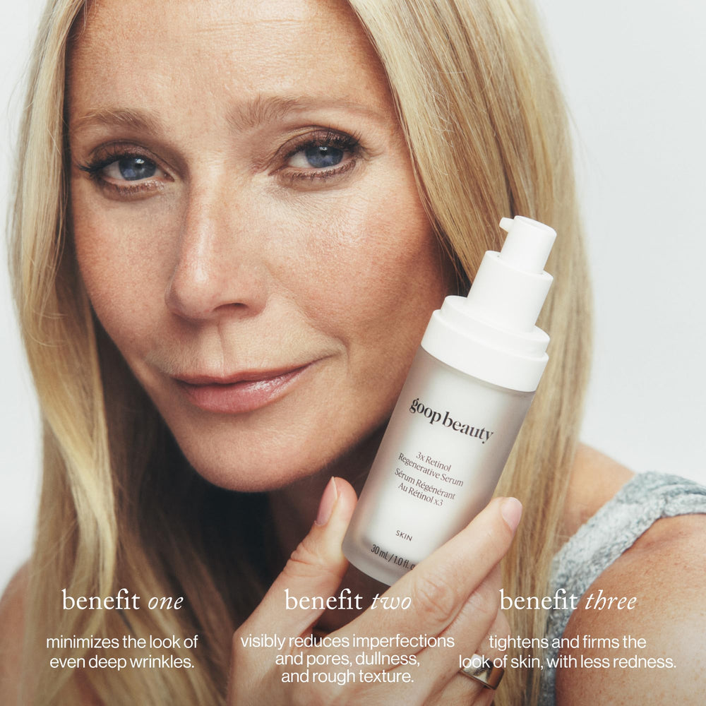 Goutte pipette Goop 3x Retinol prête pour une application nocturne ciblée.