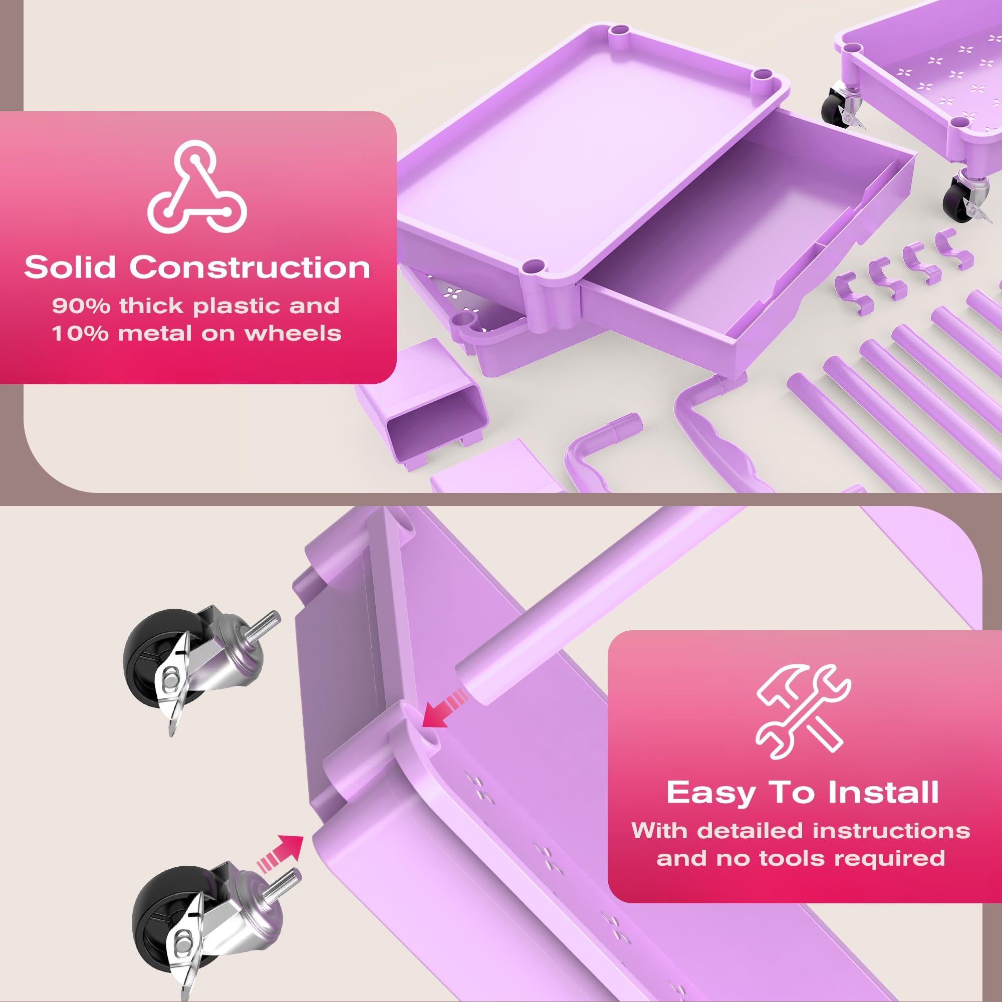 Goovilla Roll Cart étagères à 3 niveaux accueillent bouteilles et cosmétiques volumineux.