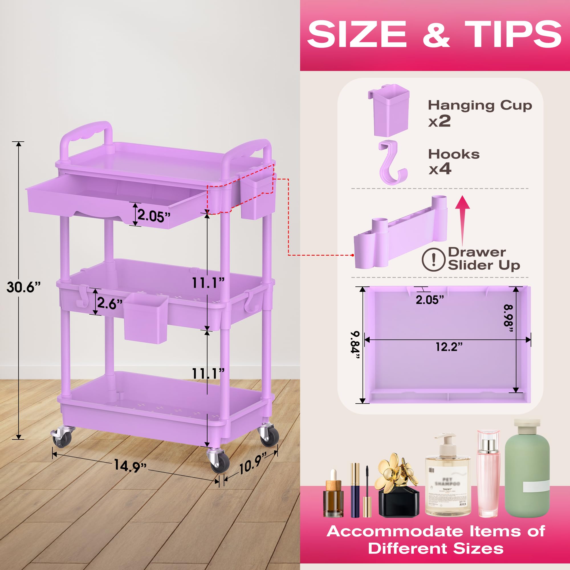 Goovilla Roll Cart tiroir amovible organise rapidement les petits objets beauté.