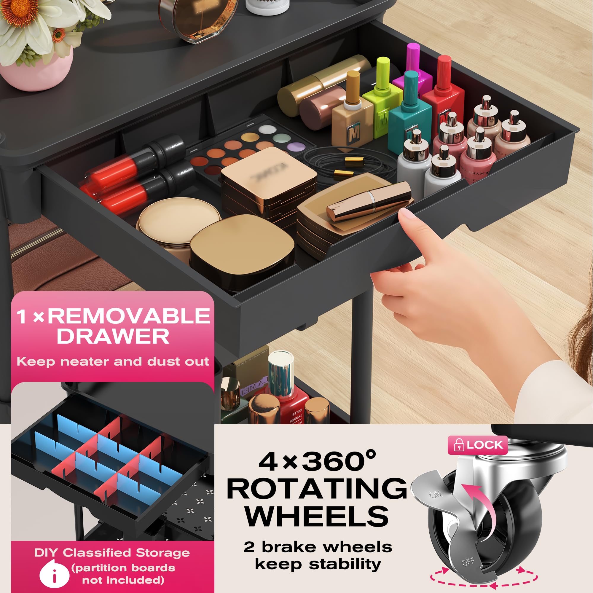 Goovilla roues 360° verrouillables facilitent le déplacement et le positionnement.