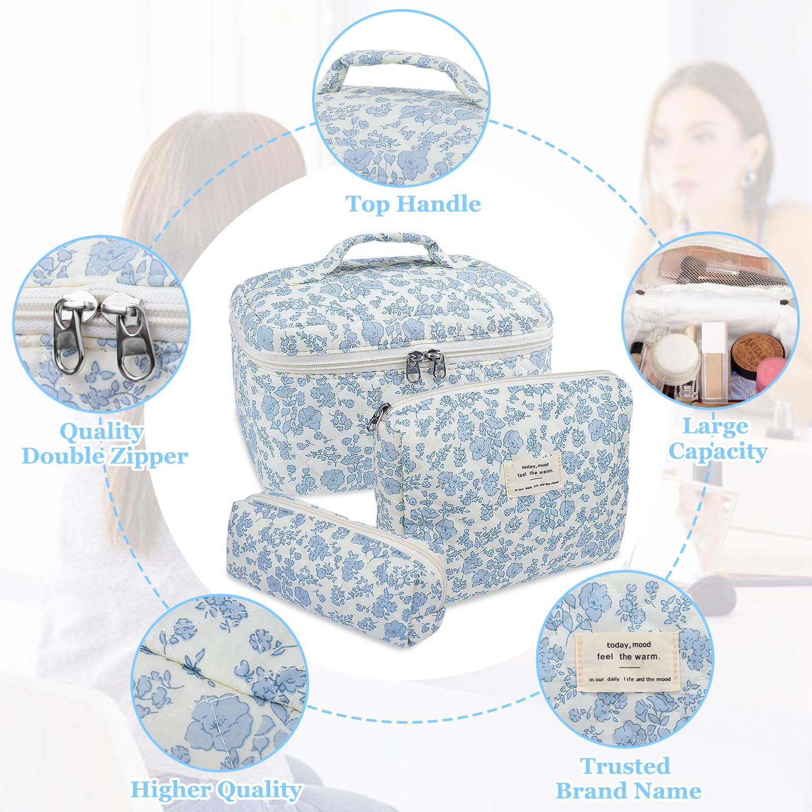 Trousse maquillage moyen format Gosect fleurs bleues, rangement efficace des cosmétiques