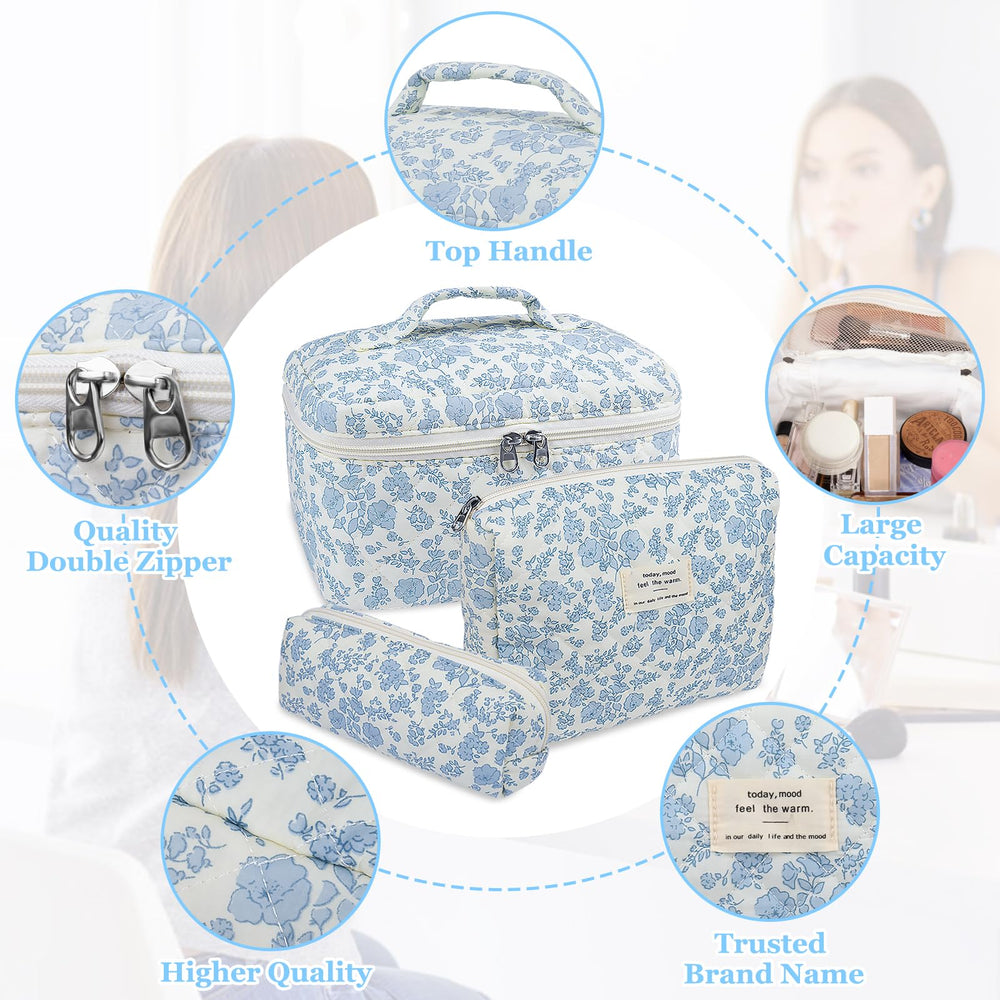 Trousse maquillage moyen format Gosect fleurs bleues, rangement efficace des cosmétiques