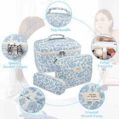 Trousse maquillage moyen format Gosect fleurs bleues, rangement efficace des cosmétiques