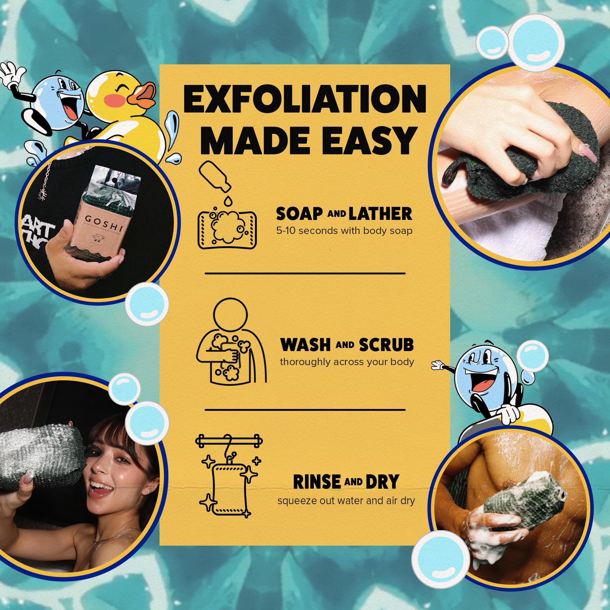 Éponge GOSHI—éponge douche exfoliante vert, améliore la mousse avec votre gel douche.