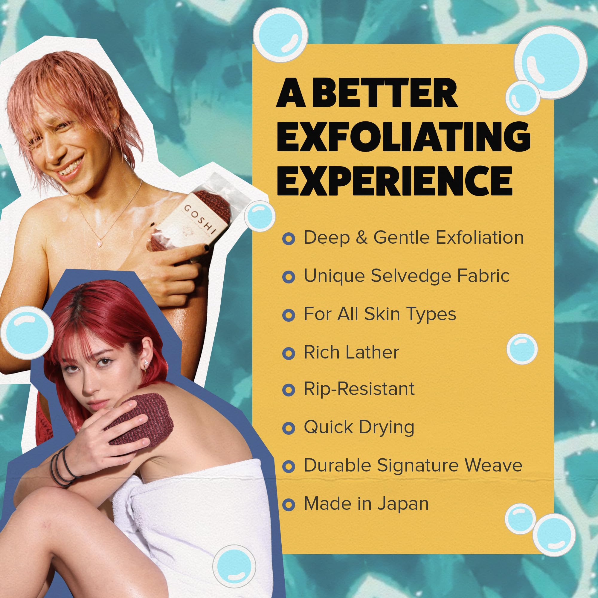 GOSHI éponge exfoliante — prise en main sûre pendant la douche.