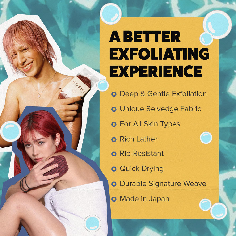 GOSHI éponge exfoliante — prise en main sûre pendant la douche.