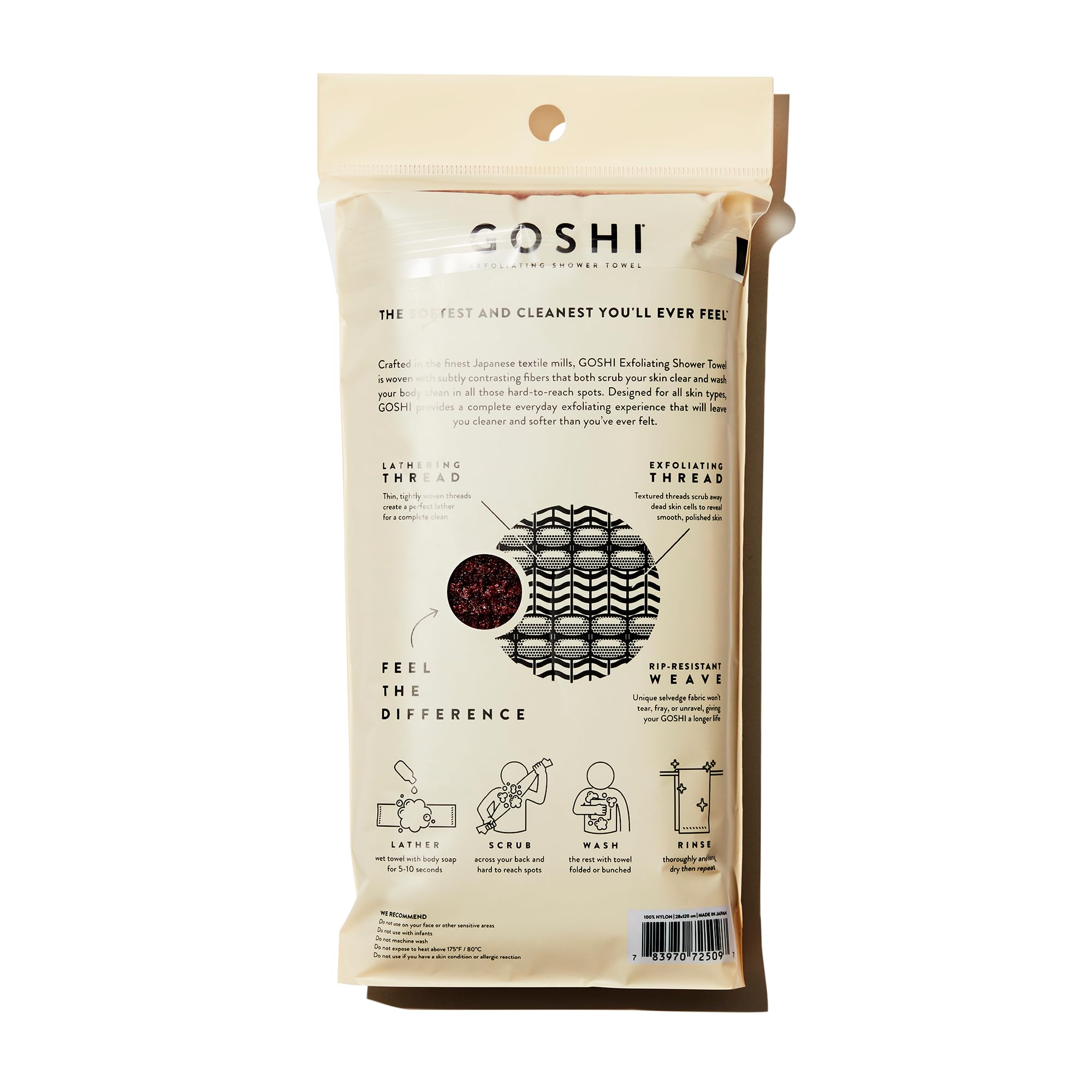 GOSHI serviette exfoliante double-fil; structure résistante qui facilite une propreté efficace.
