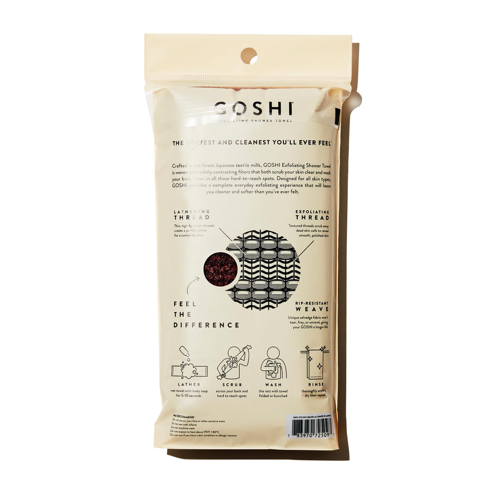 GOSHI serviette exfoliante double-fil; structure résistante qui facilite une propreté efficace.