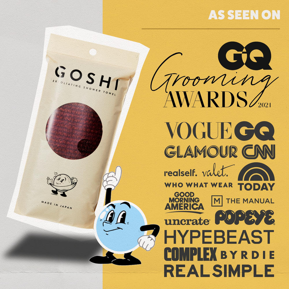 GOSHI serviette exfoliante utilisée pour atteindre des zones difficiles du corps.