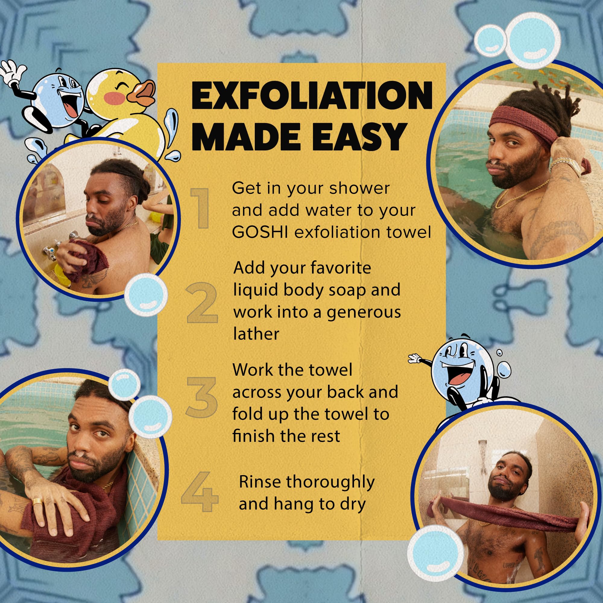 GOSHI serviette exfoliante dans son emballage, prête à l'emploi.