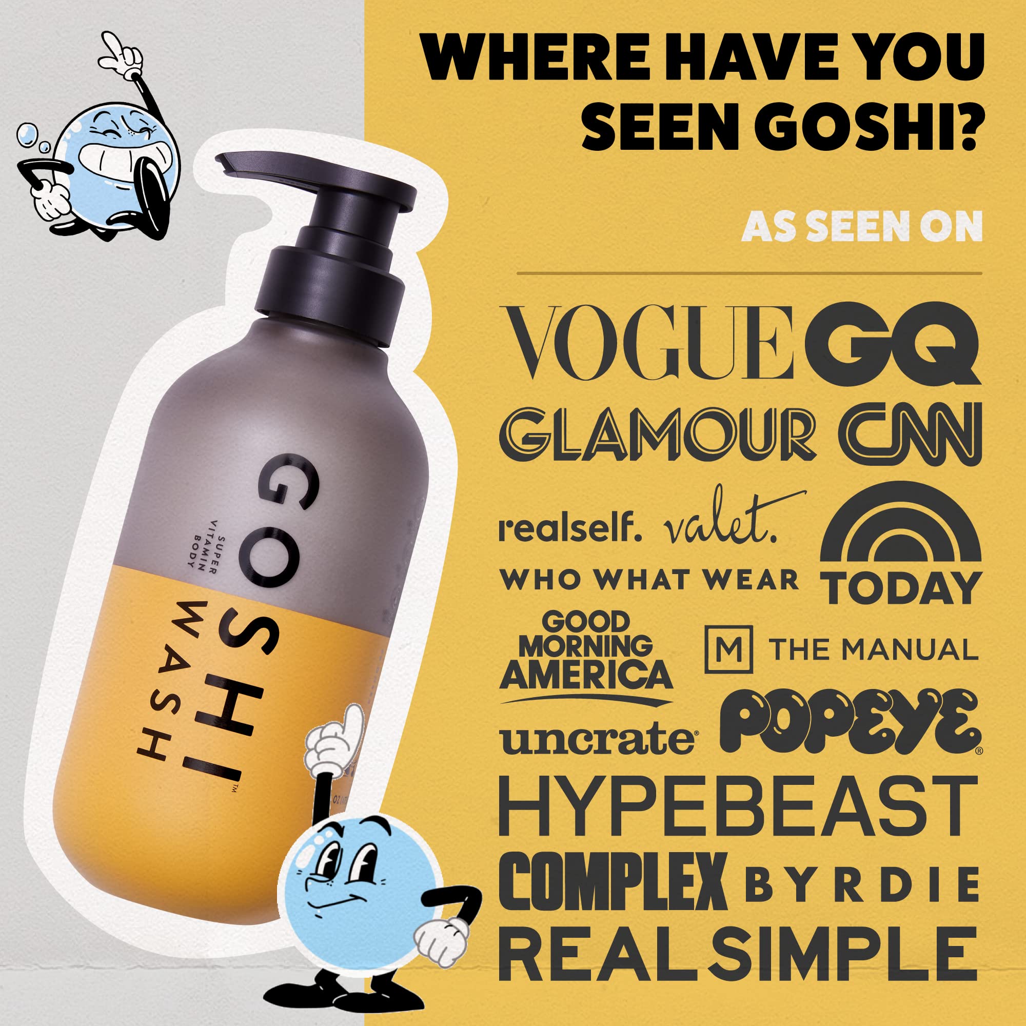 GOSHI Super Vitamin Body Wash pump dispensing scene emphasizes convenience.