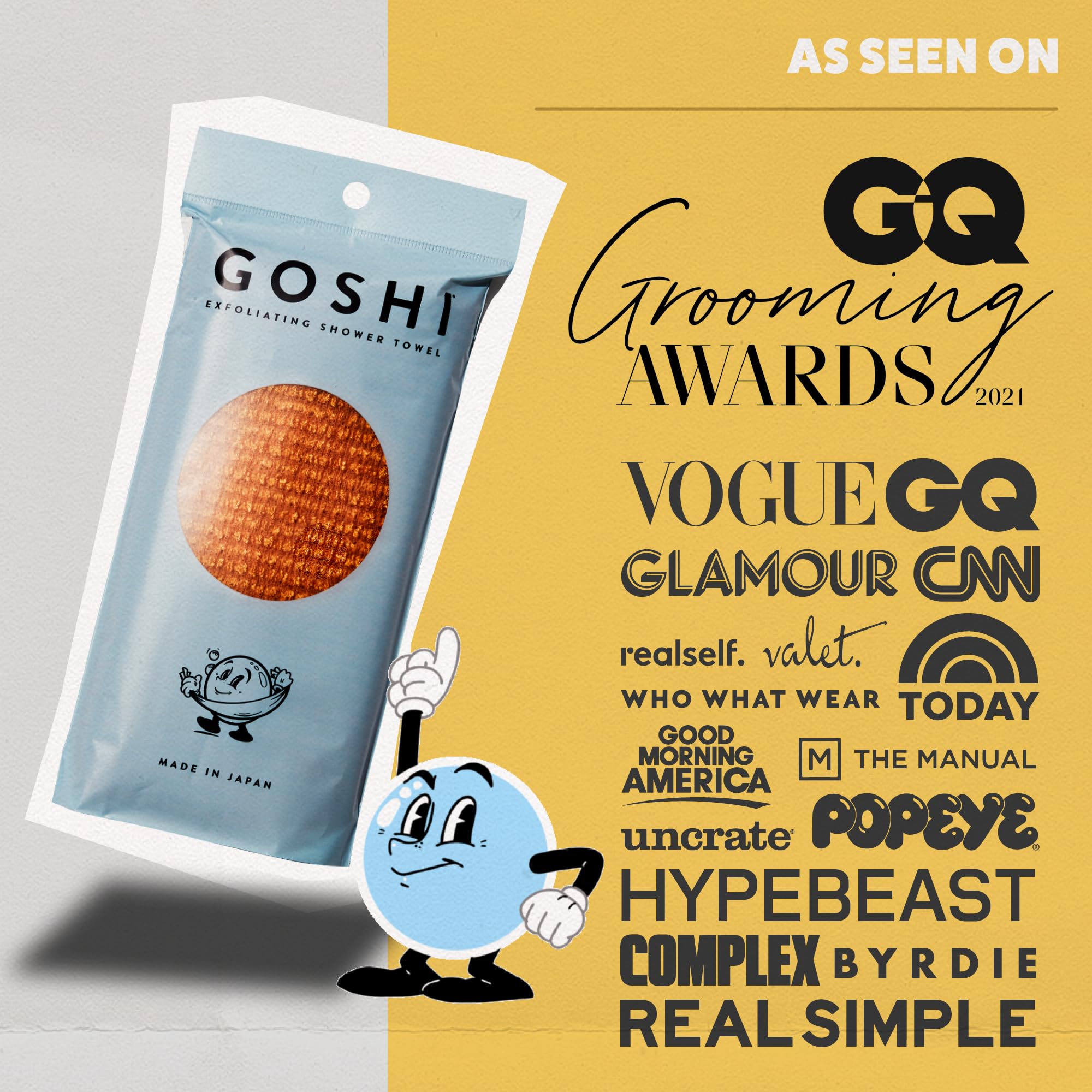 GOSHI usage quotidien en douche, exfoliation douce mais efficace.