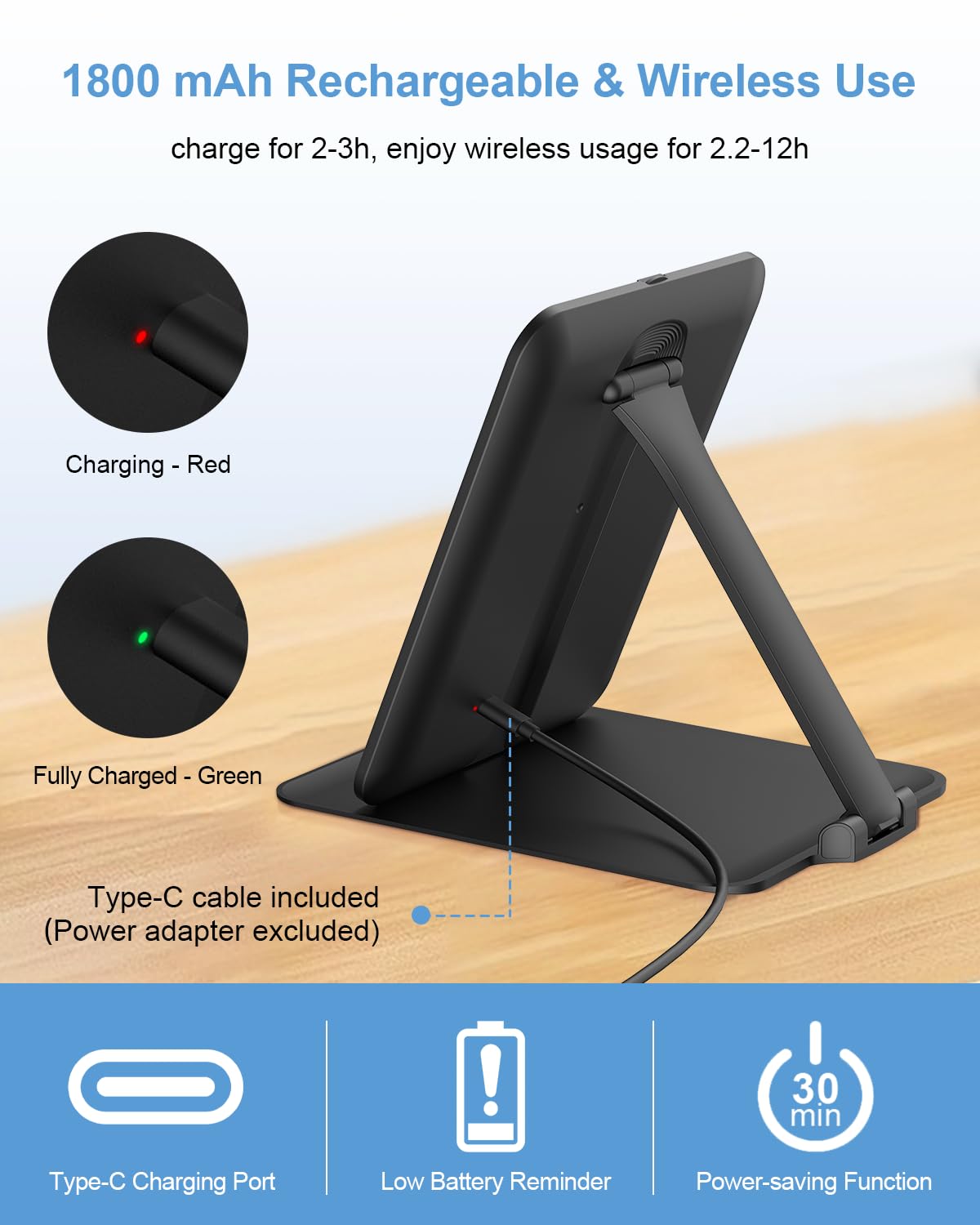 Batterie rechargeable 1800 mAh et charge Type-C pour autonomie flexible