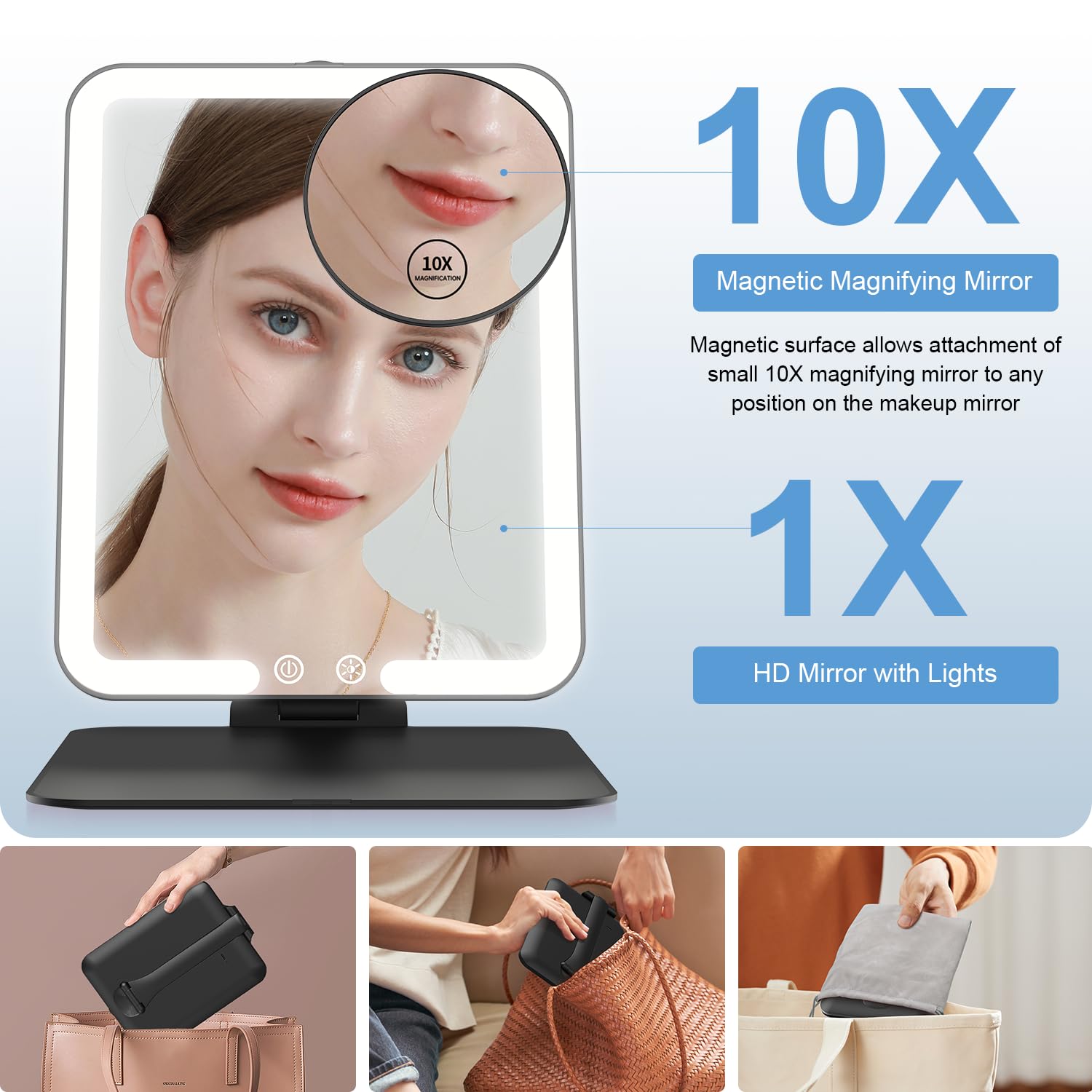 Miroir magnétique 10x détachable, usage nomade pratique