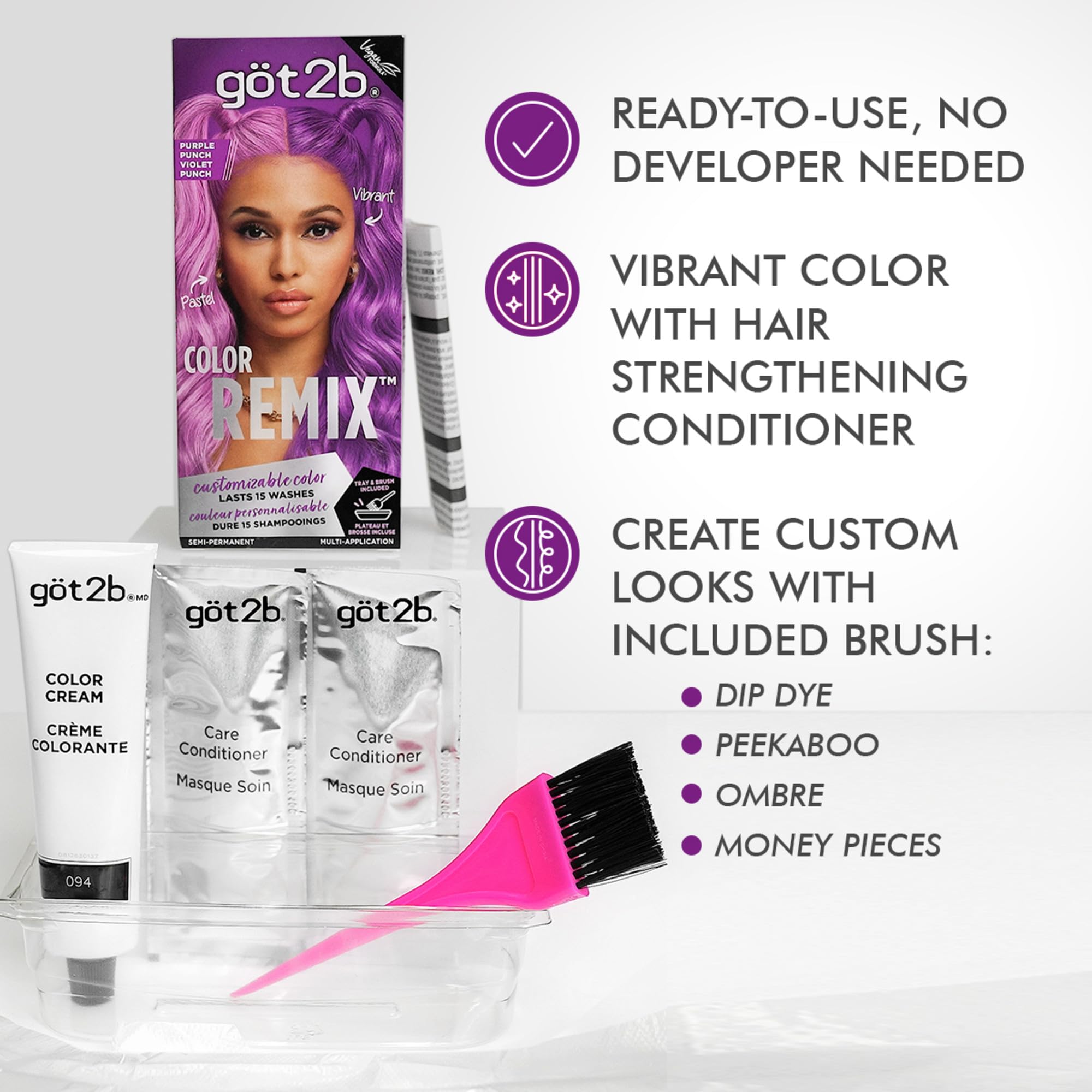 Application sur cheveux Got2B Color Remix pour un rendu uniforme et vibrant.