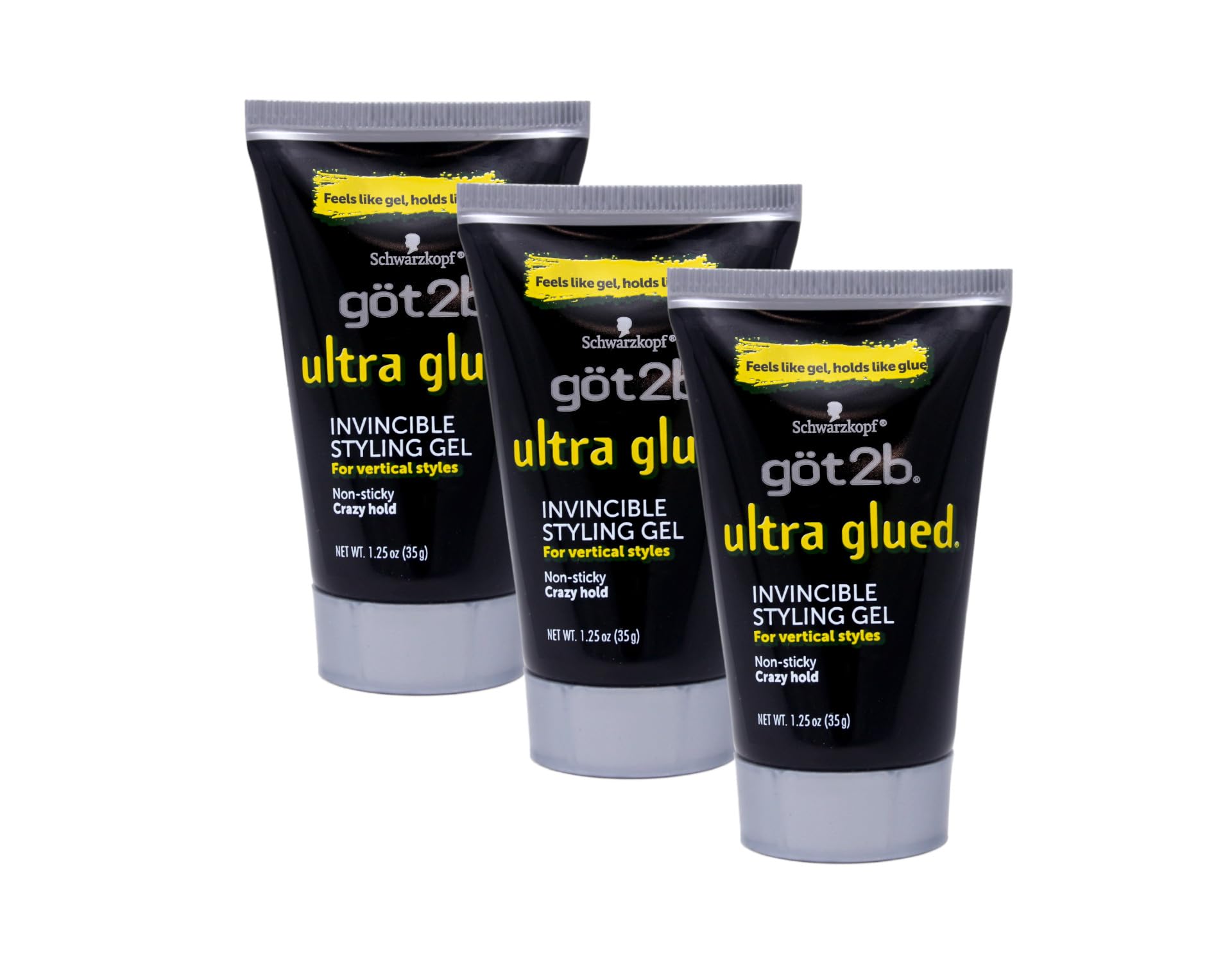 Got2B Ultra Glued Invincible Styling Gel 3-pack bottle front shows strong hold