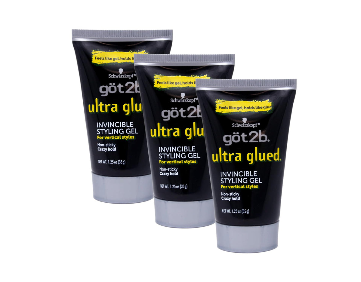 Got2B Ultra Glued Invincible Styling Gel 3-pack bottle front shows strong hold
