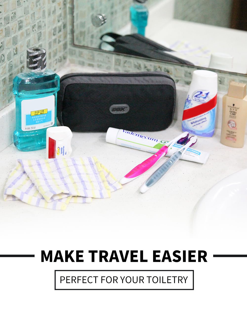GOX trousse de toilette noire avec multiples poches, organisation facile.