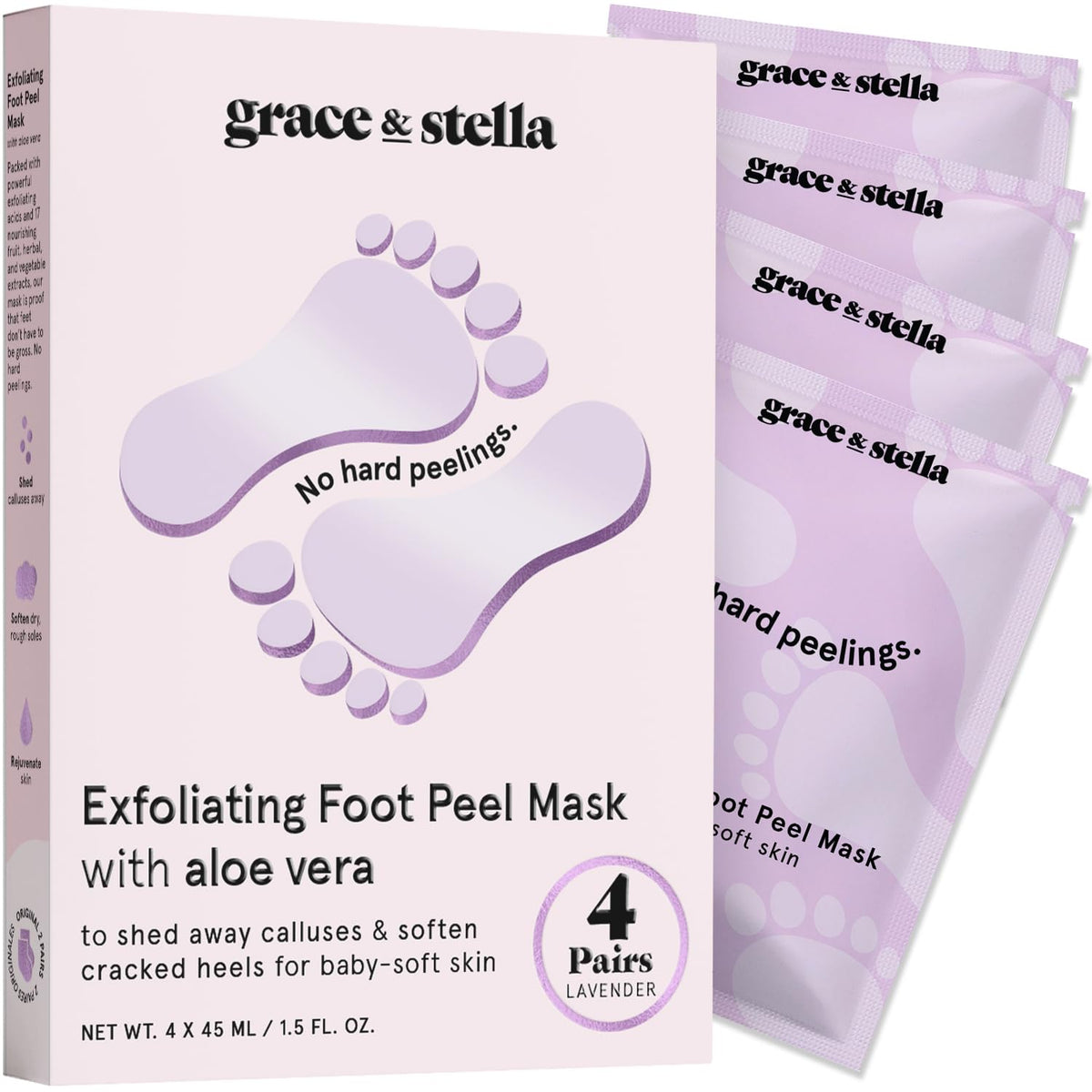 Grace & Stella masque-pieds-peel: emballage Lavande, soin facile et relaxant.