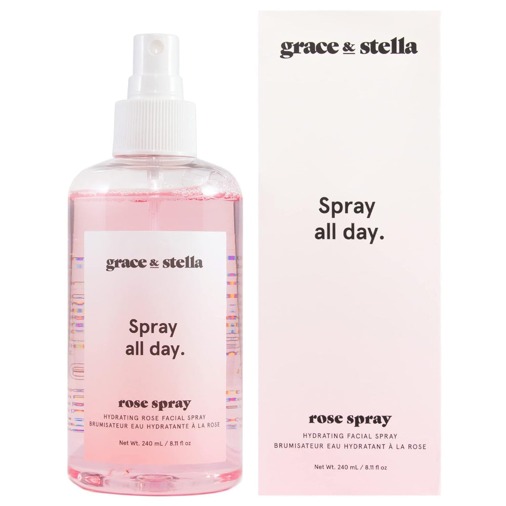 Grace & Stella eau-rose-visage-bouteille-spray : brume rafraîchissante pour hydrater le teint.