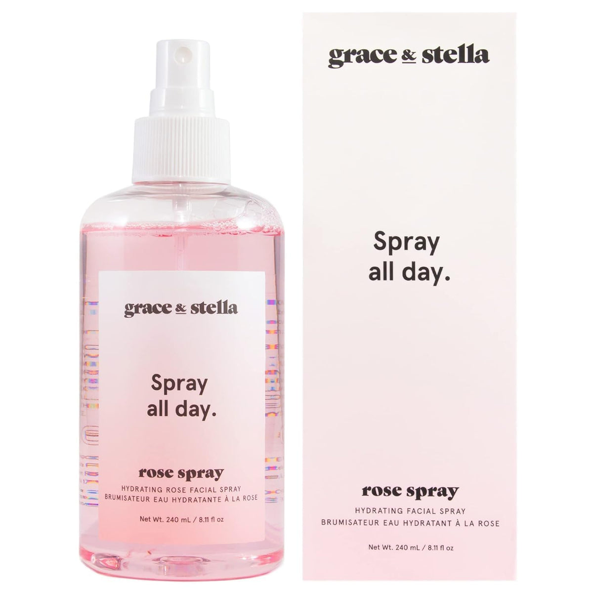Grace & Stella eau-rose-visage-bouteille-spray : brume rafraîchissante pour hydrater le teint.