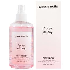 Grace & Stella eau-rose-visage-bouteille-spray : brume rafraîchissante pour hydrater le teint.