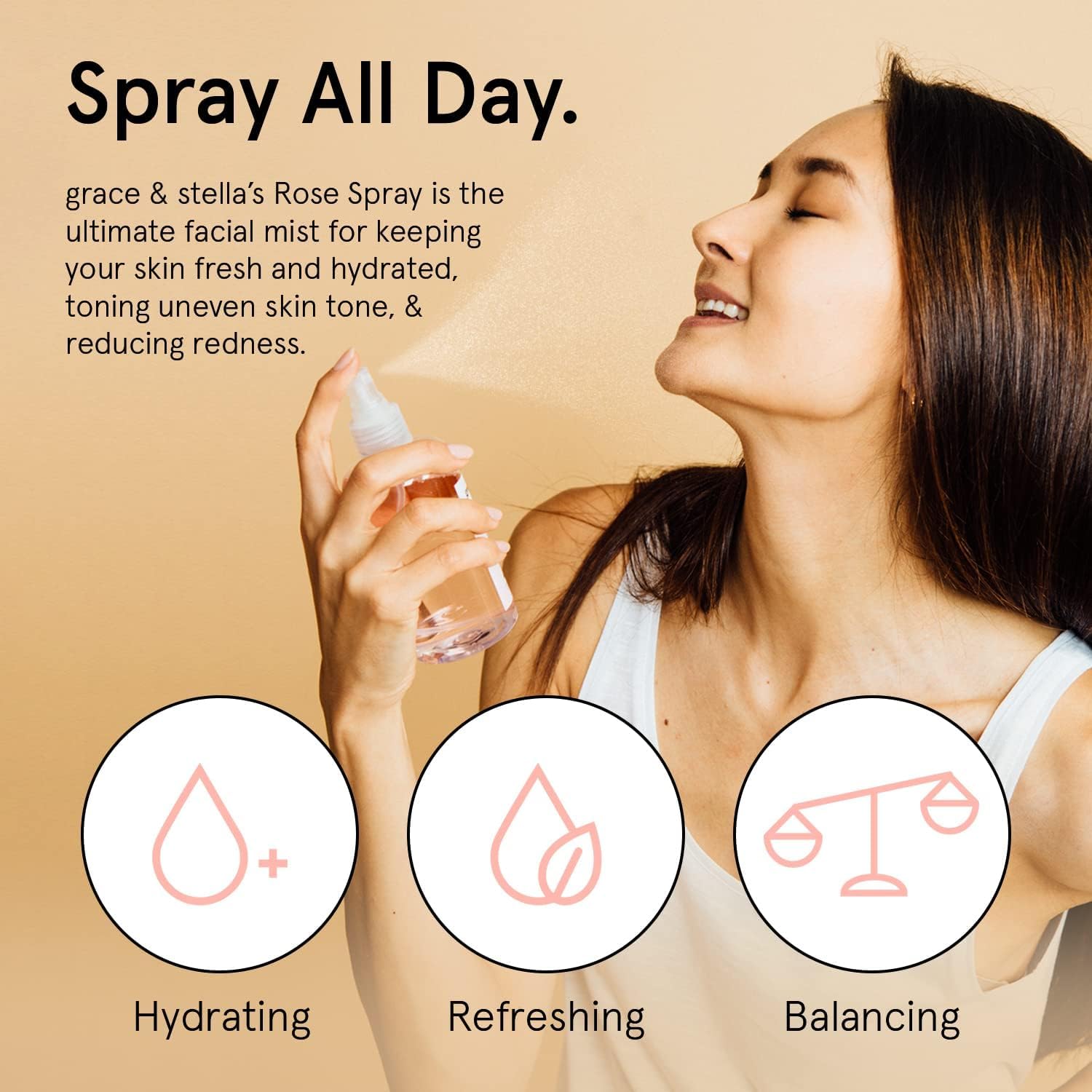 Grace & Stella eau-rose-visage-brume-rafraichissante : vaporisation légère pour rafraîchir le visage.