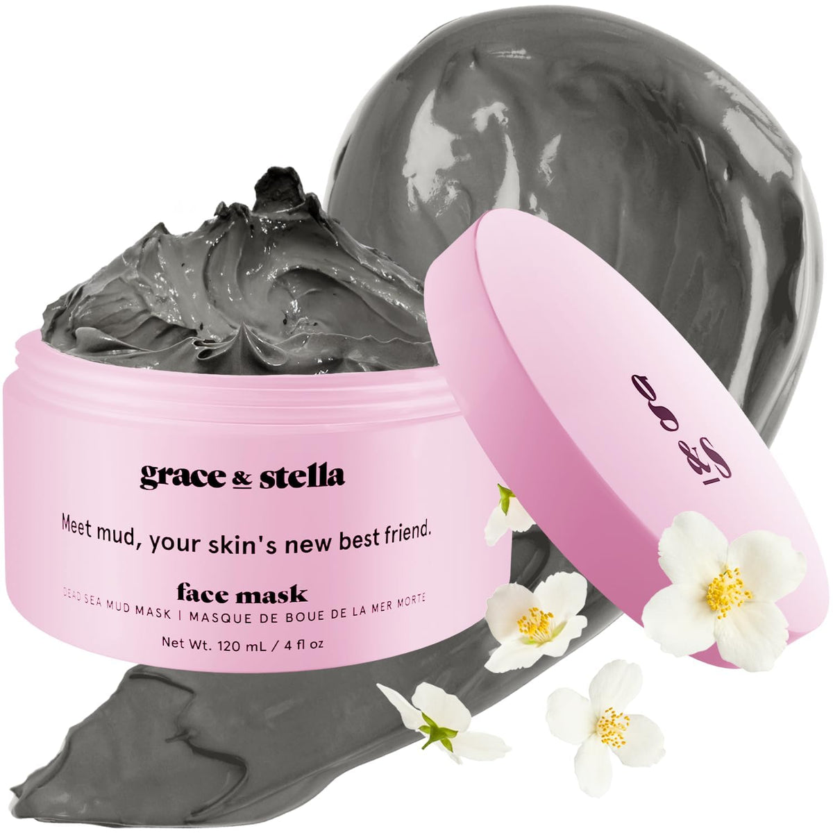 Grace & Stella masque argile mer morte, emballage 120 ml prêt pour detox visage.