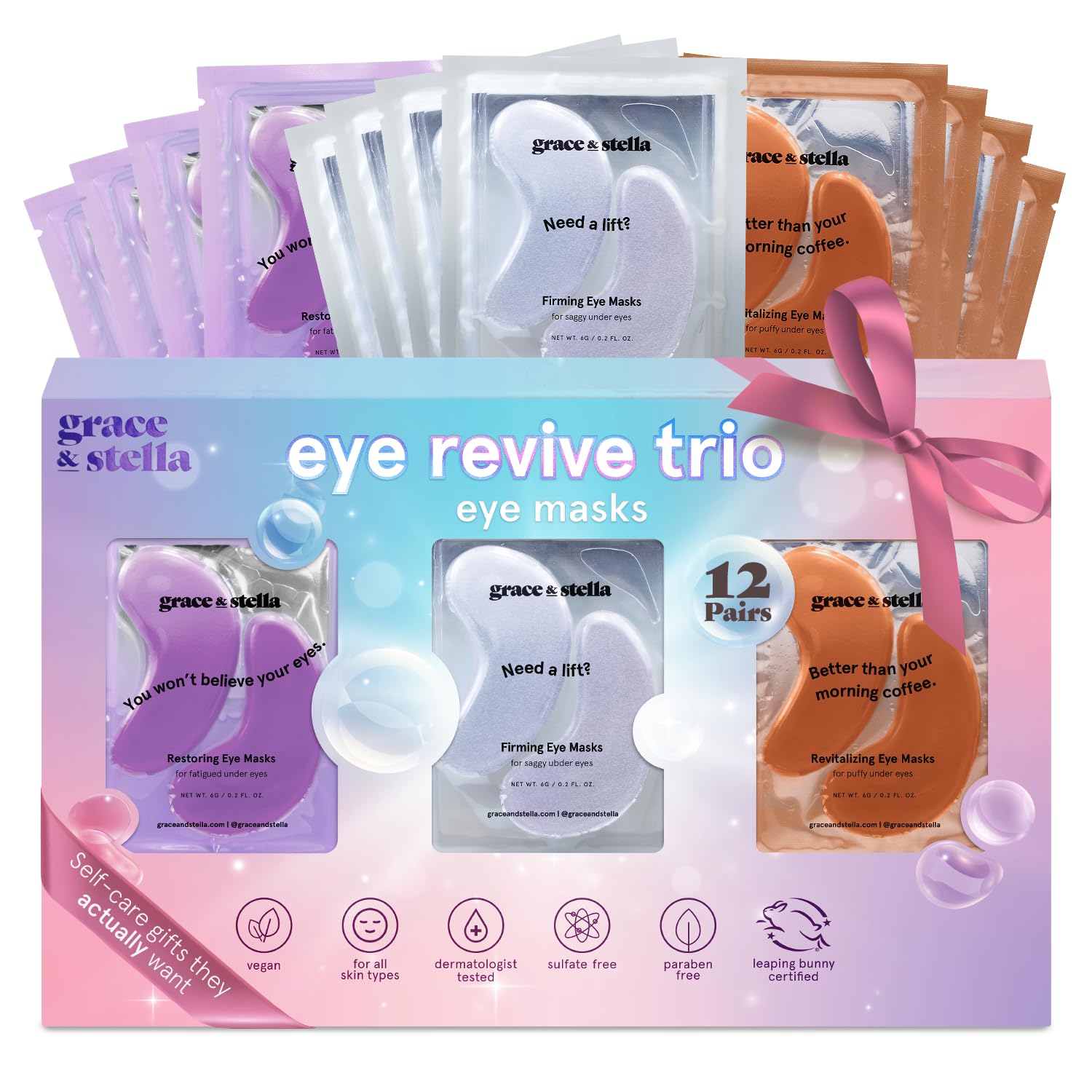 Patchs yeux Grace & Stella 12 paires sur boîte, regard plus lumineux.