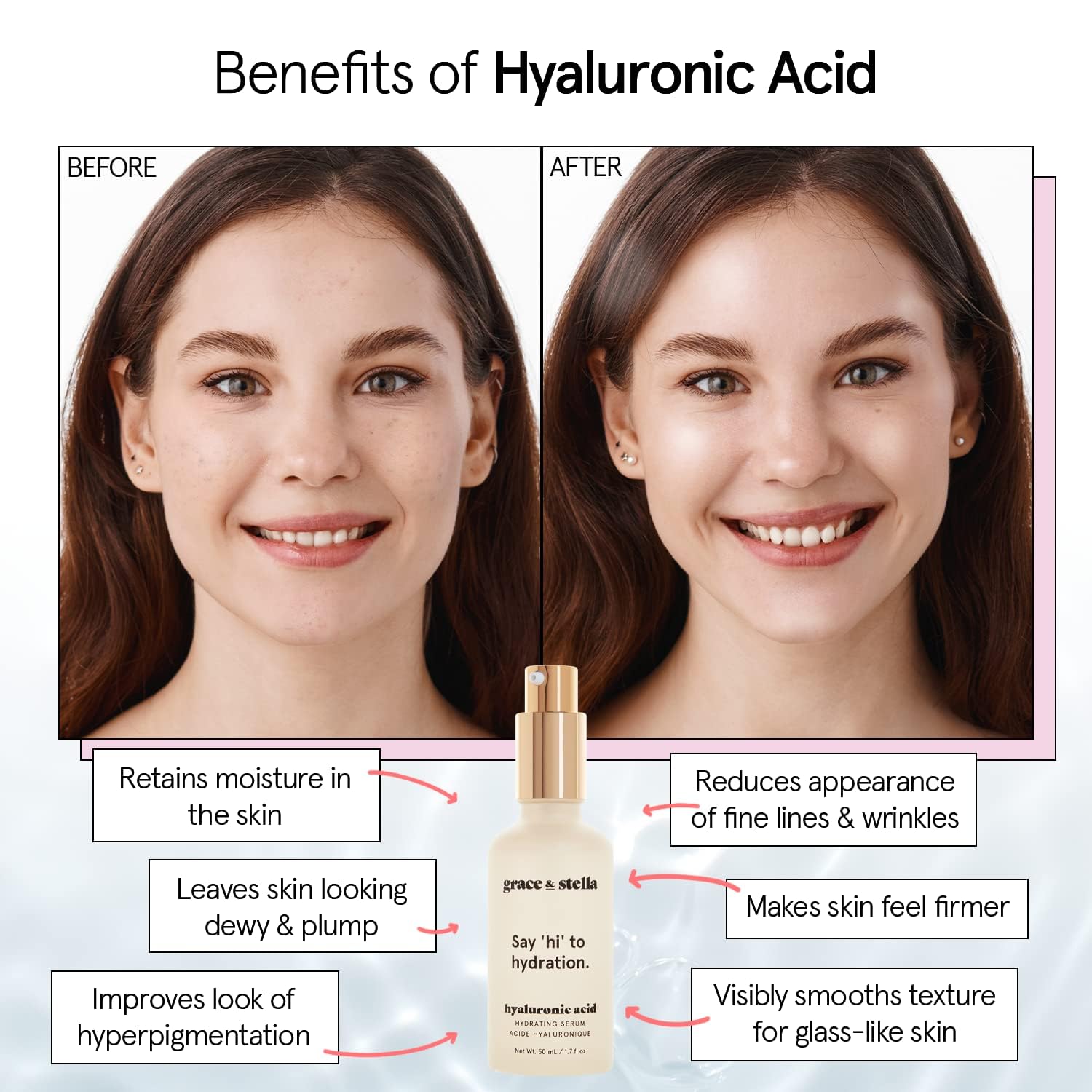 Absorption rapide du sérum hyaluronique Grace & Stella après application.