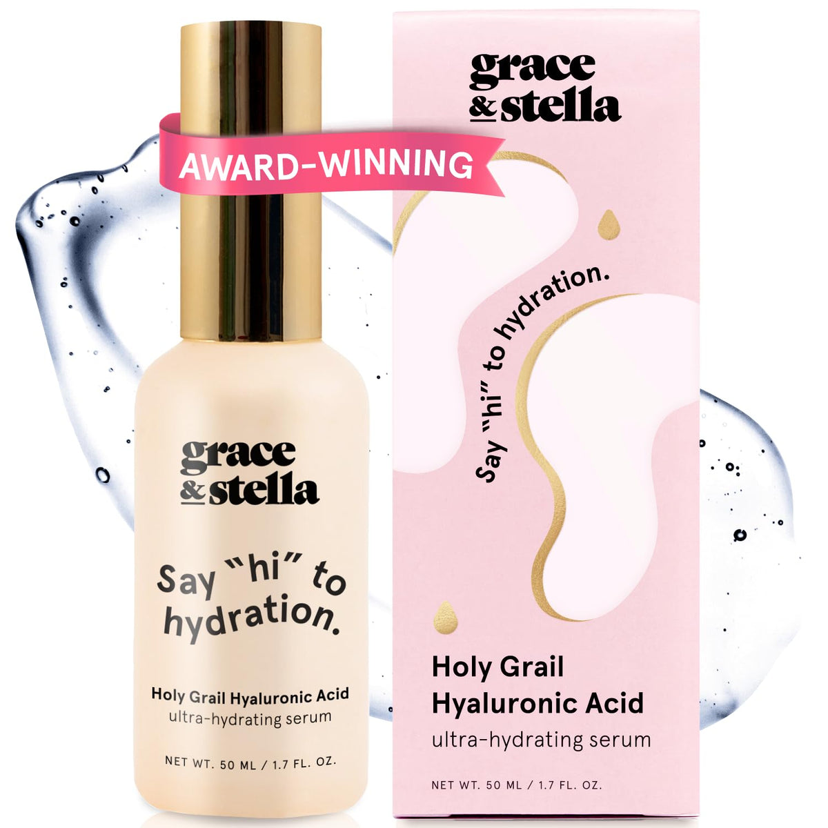 Grace & Stella Sérum Hyaluronique – bouteille pompe, hydratation durable et éclat.