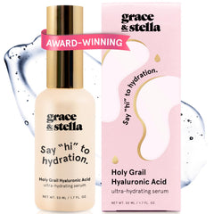 Grace & Stella Sérum Hyaluronique – bouteille pompe, hydratation durable et éclat.
