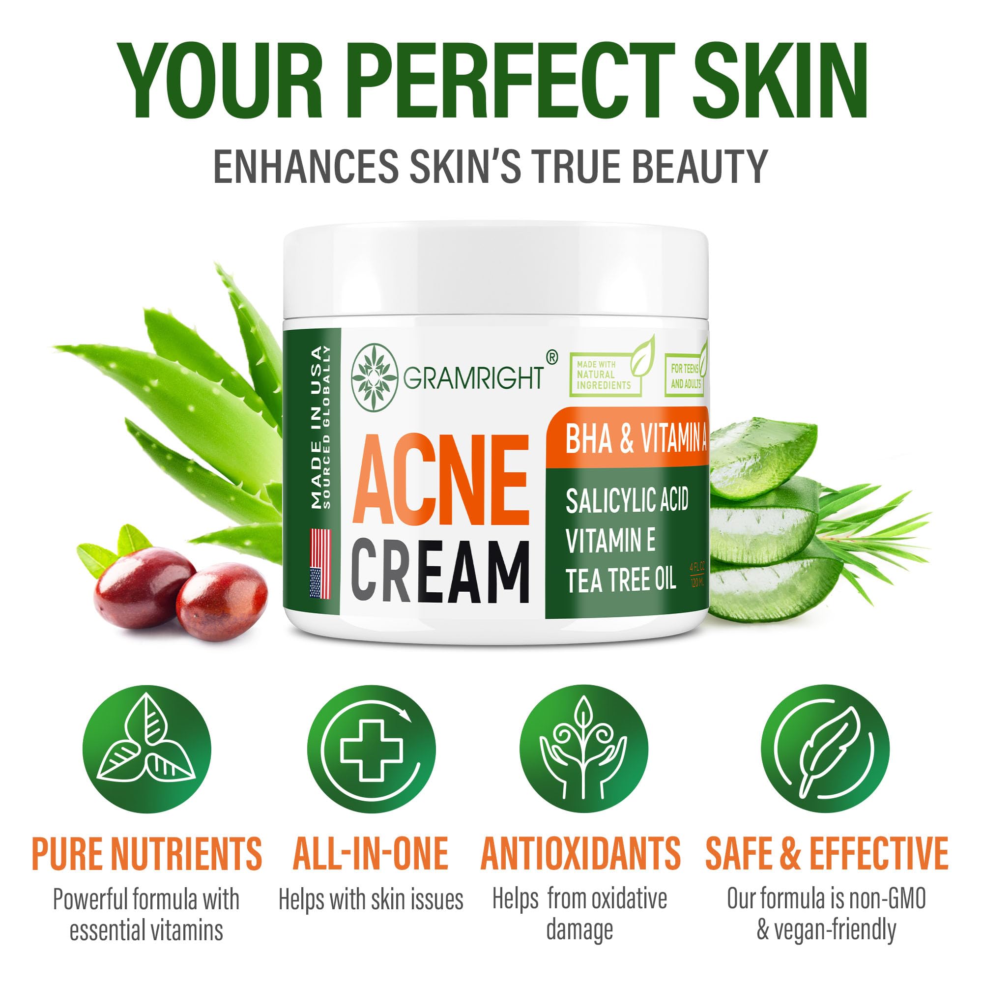 GRAMRIGHT Crème Acné salicylique, exfoliation douce.