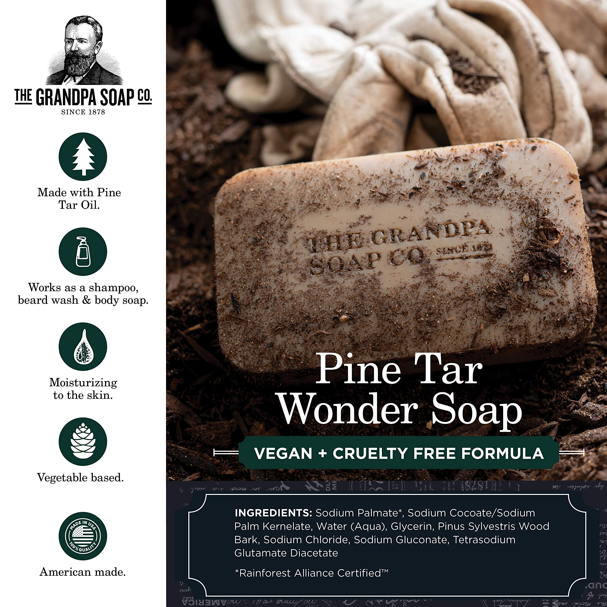 The Grandpa Soap Company Pine Tar Bar emballage pratique et informatif