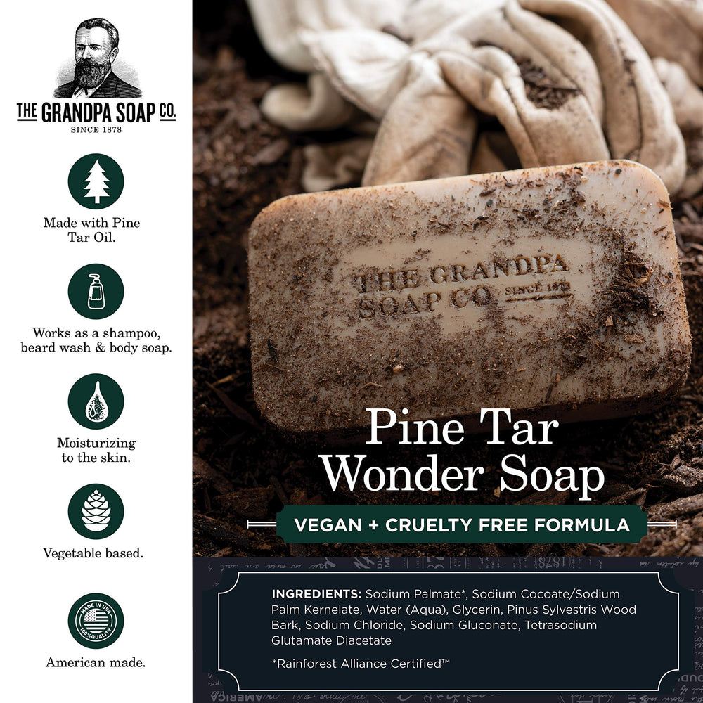 The Grandpa Soap Company Pine Tar Bar emballage pratique et informatif