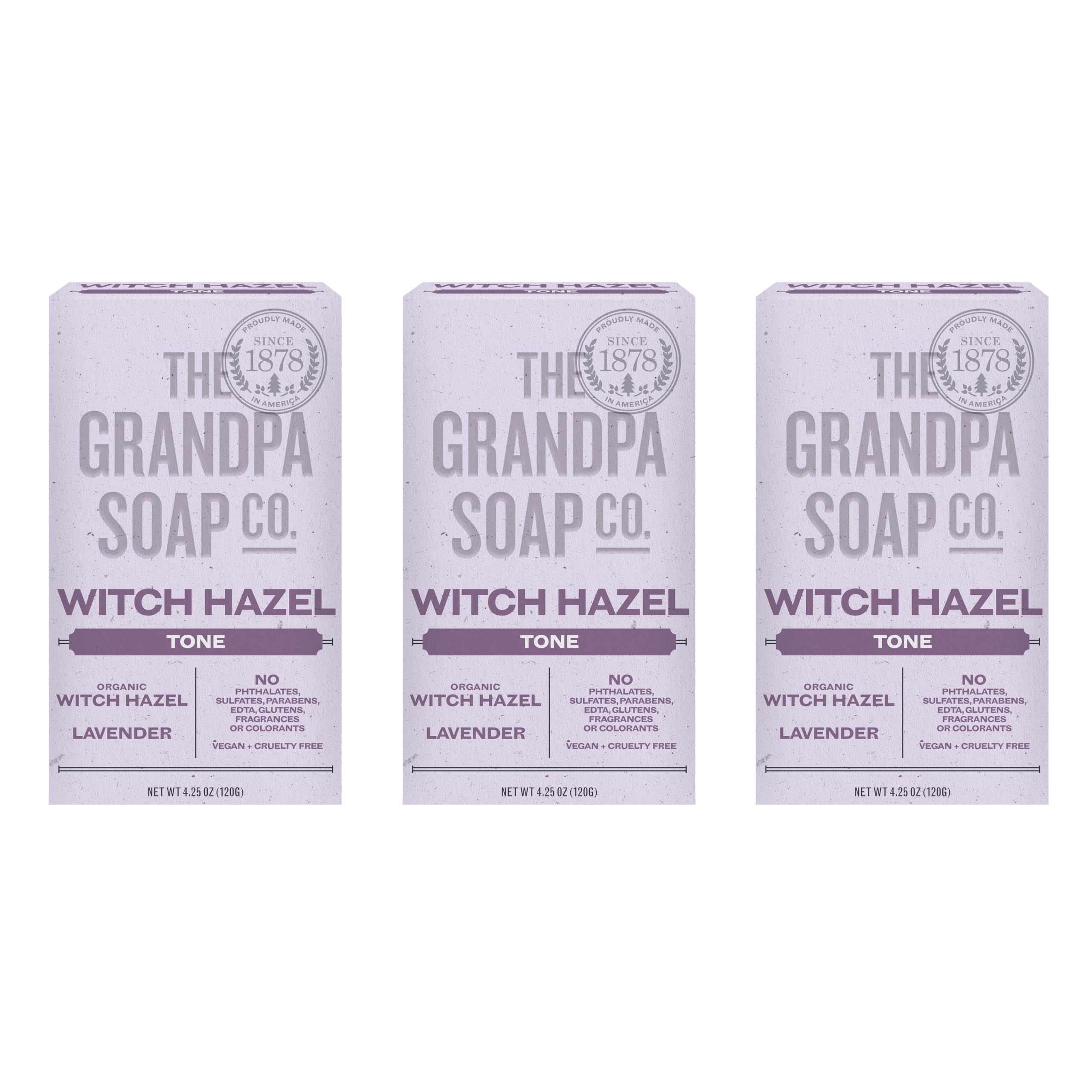 Savon en barre Grandpa Soap Company hamamélis et lavande, nettoie en douceur et tonifie.