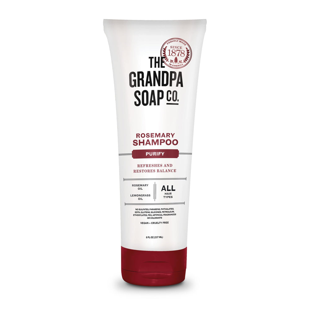 The Grandpa Soap Company Shampoo purifiant en bouteille pour cheveux propres et frais.