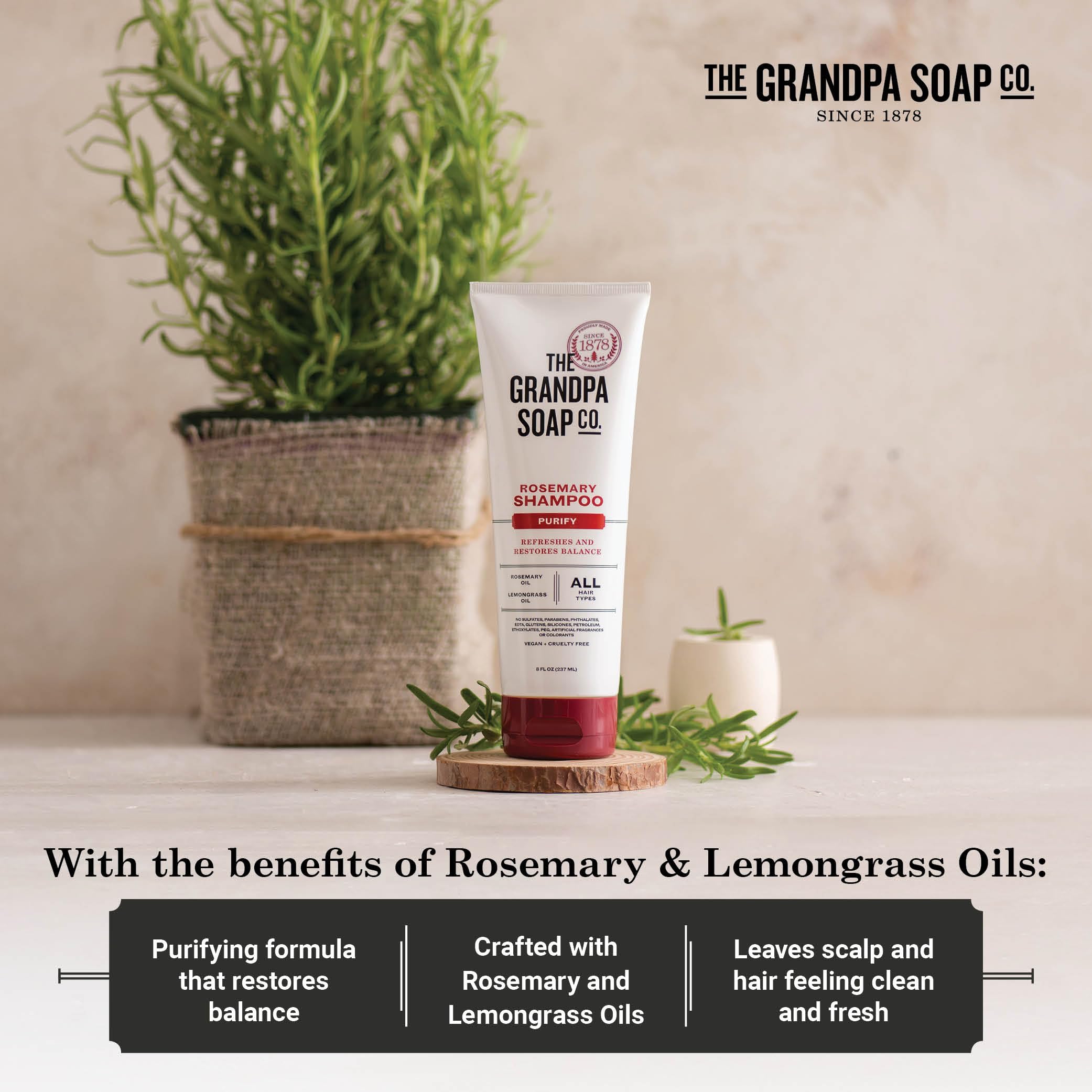 Emballage eco-responsable du shampoo The Grandpa Soap Company, réduction d'impact.