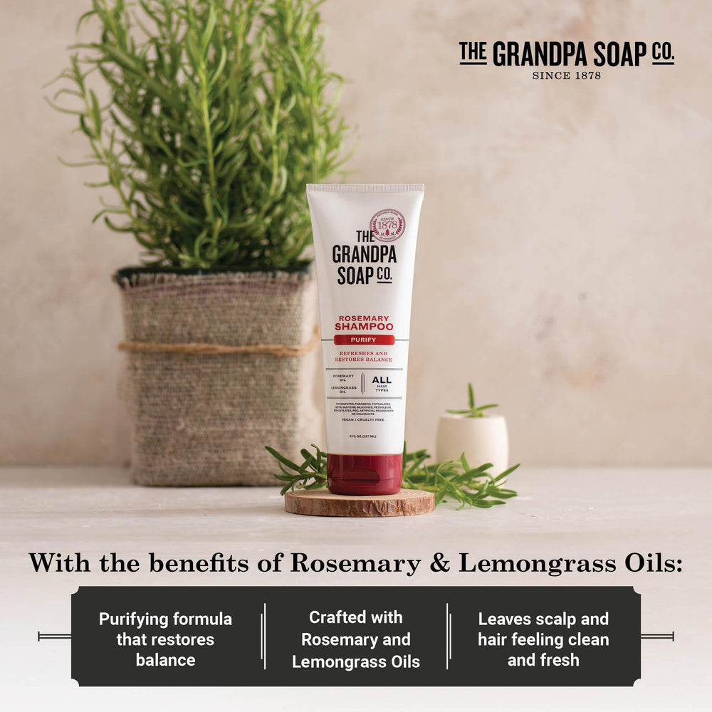 Emballage eco-responsable du shampoo The Grandpa Soap Company, réduction d'impact.