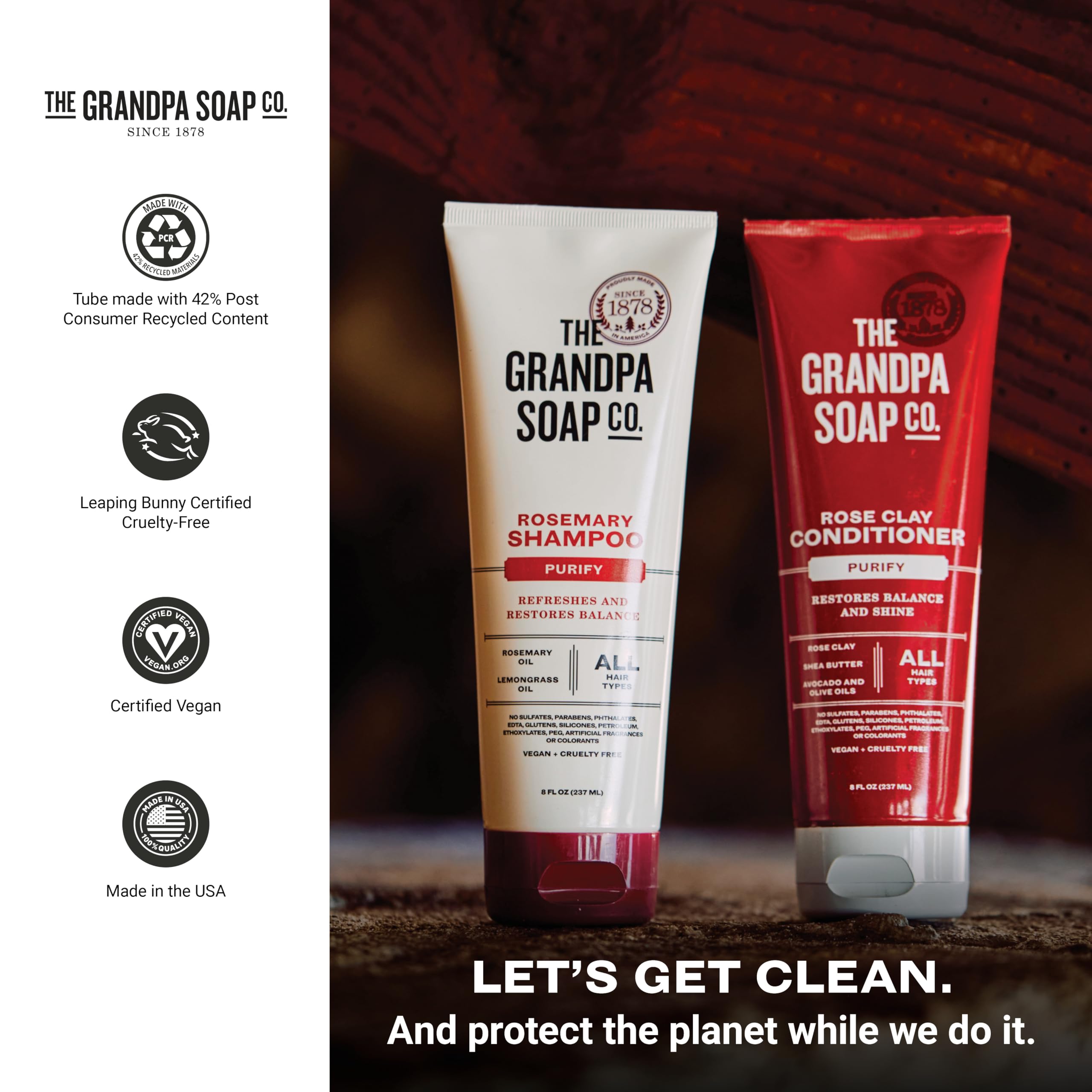 Formule vegan cruelty-free sans sulfates ni parabènes du shampoo The Grandpa Soap Company.