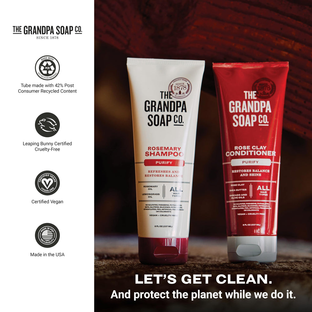 Formule vegan cruelty-free sans sulfates ni parabènes du shampoo The Grandpa Soap Company.