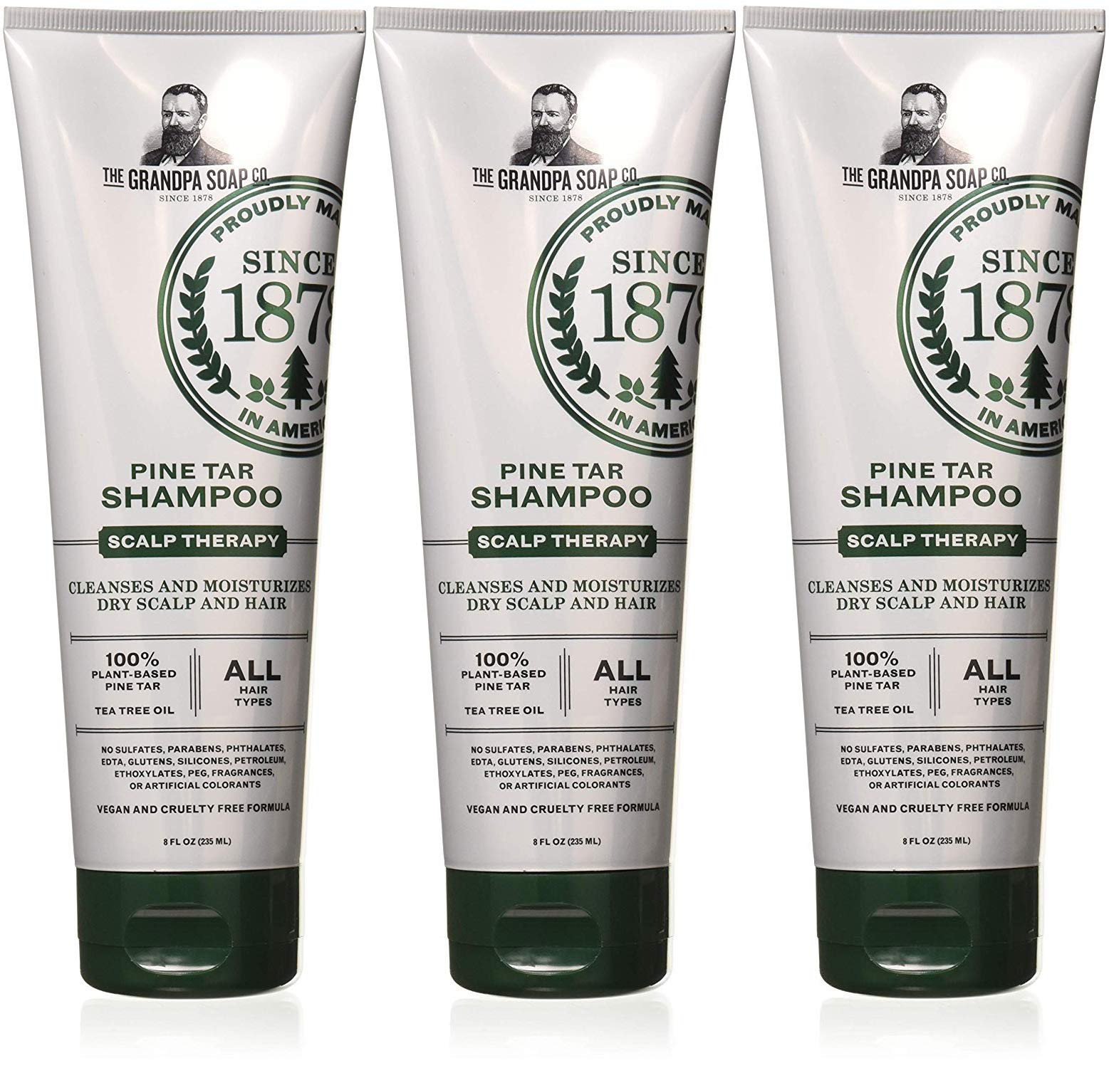 Shampoing Grandpa's goudron de pin, bouteille élégante, purifie le cuir chevelu et apaise les démangeaisons.