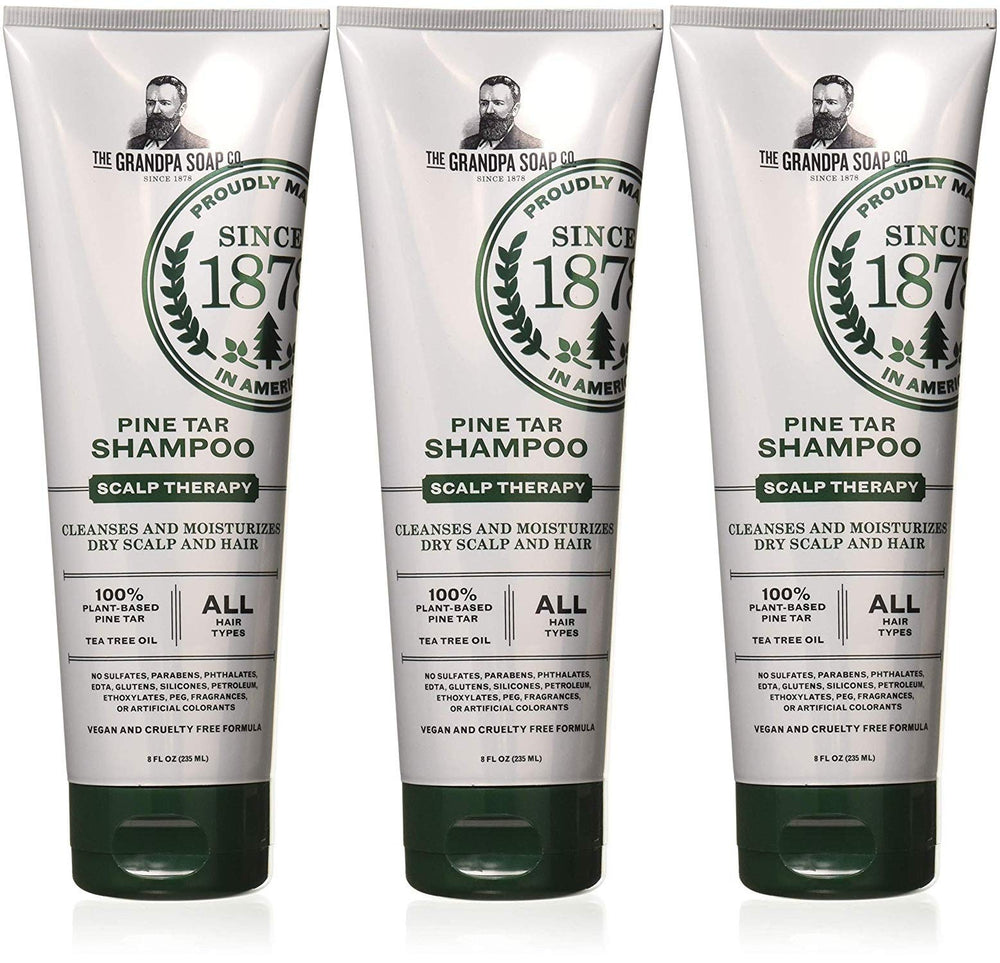Shampoing Grandpa's goudron de pin, bouteille élégante, purifie le cuir chevelu et apaise les démangeaisons.